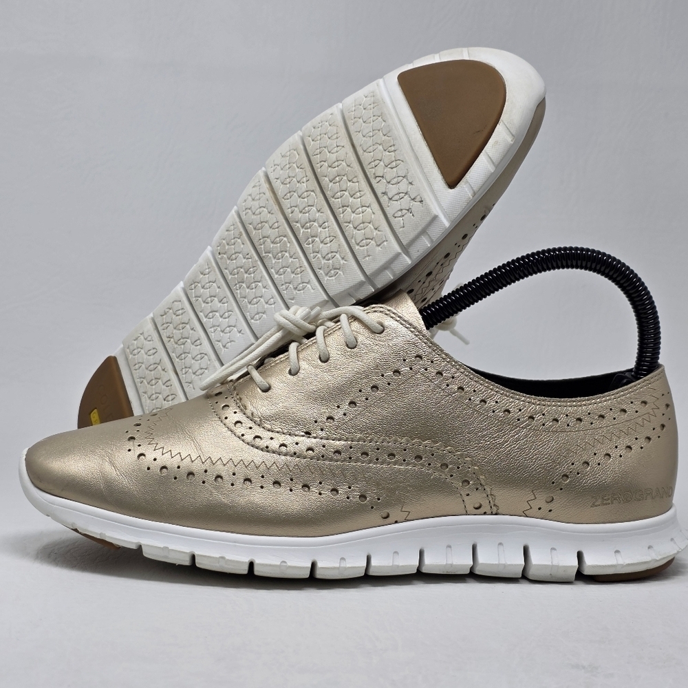 Cole Haan Zerogrand Oxfords Women's Size 8 B Gold Metallic Leather Wingtip Shoes
